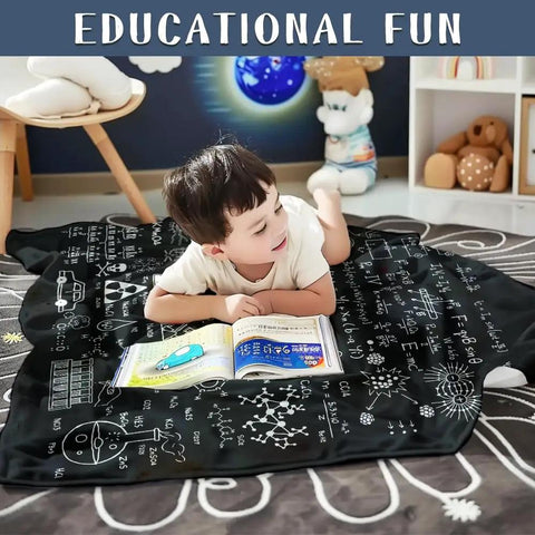 Child reading on Chalkboard Math And Physics Equations Blanket For Couch And Bed Ultra Soft Flannel Throw Lightweight Cozy Plush
