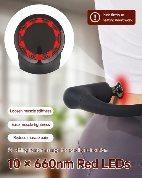 Upgraded 2 In 1 Massage Gun With Heat For Deep Tissue Back And Neck Relief Extension Handle Pro Grade showing heat application