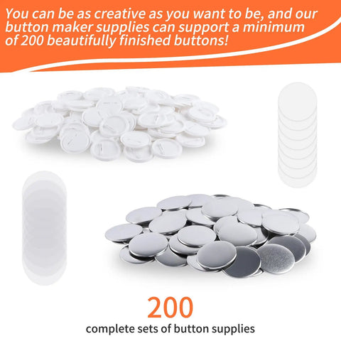 Premium Top Tier 200 Piece 2 Inch 58 Mm Button Maker Supplies And Pin Back Crafting Kits featuring metal caps and plastic backs.