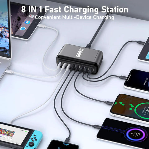 600W USB C Charger Hub With 8 Ports Fast Charge Station GaN PPS PD 140W 100W Power Adapter in use, charging multiple devices.