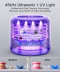 Ultrasonic Retainer Cleaner For Dentures And Mouth Guards, IPX6 Waterproof, 3 Cleaning Modes With RGB Indicator, 45kHz Ultrasonic Power, UV Light Sterilization, 200ml Tank, Easy Fill Pink shown with dentures and retainers