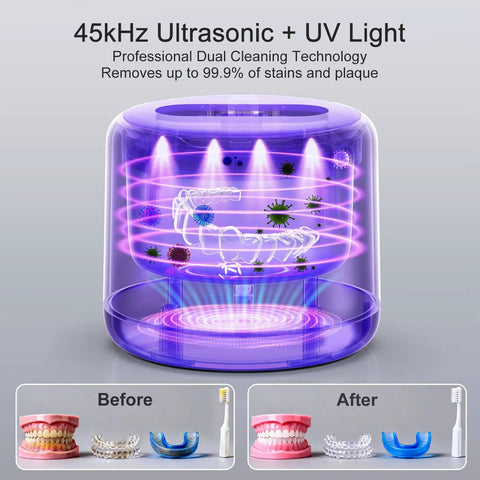 Ultrasonic Retainer Cleaner For Dentures And Mouth Guards, IPX6 Waterproof, 3 Cleaning Modes With RGB Indicator, 45kHz Ultrasonic Power, UV Light Sterilization, 200ml Tank, Easy Fill Pink shown with dentures and retainers