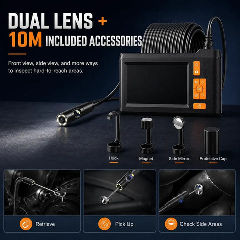 Dual Lens 4.3 Inch Endoscope Borescope with accessories, 33 Feet IP67 cable, hook, magnet, side mirror, protective cap view