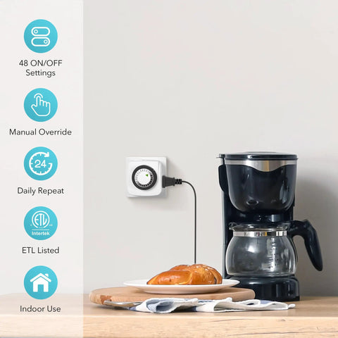 Indoor Outlet Timer 2 Pack Mechanical 2 Prong 24 Hour Mini Lamp Timers shown with coffee maker on kitchen counter.