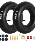 12x5.00-6 Inner Tube With Bent Valve Stem For Electric ATV Dirt Quad Go Kart And Lawn Mower Replacement Beefy Heavy Duty Tubes Compatible Tire Size Includes Valve Cores And Caps displayed with patches and tools