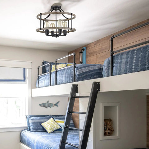 Farmhouse 4 Light Ceiling Fixture, 18-Inch Rustic Drum Cage Semi Flush Mount Light in black and wood grain finish in bedroom.