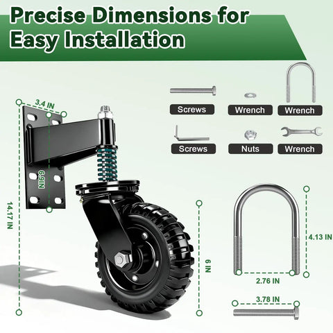 6 Inch Heavy Duty Gate Wheel With 360 Degree Swivel Roller showing installation dimensions and hardware for easy setup.