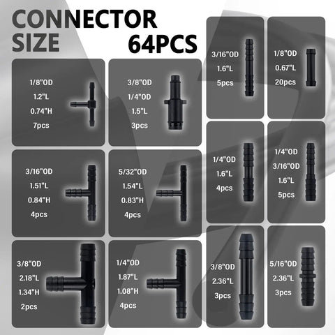 Connector sizes in Six Piece 4.9 Ft Vacuum Hose Kit For Automotive Air And Water Lines With 64 Connectors And One Tube Cutter