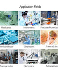 AAwipes lint-free cleanroom wipes collage of application fields: mechanics, instruments, manufacturing, semiconductors, labs