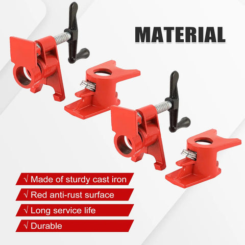 Heavy Duty Cast Iron Pipe Clamps Six Pack Fits One Half Inch Threaded Metal Pipes With Wide Stable Base Grips Like Crazy For Wood Gluing And Garage Workshop Jobs - red cast iron pipe clamps with sturdy grips.