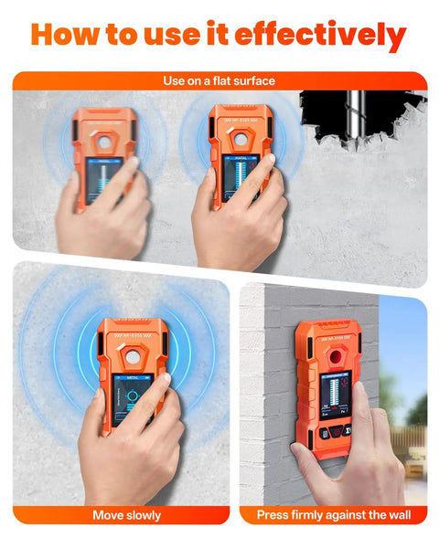 6-in-1 Stud Finder Wall Scanner, Electronic Wall Detector in use, detecting studs on a wall with hand guidance.