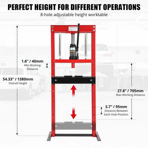 Heavy Duty 12 Ton Hydraulic Shop Press, Solid H Frame Garage Floor Beast With Adjustable Table And Removable Plates, Tough Automotive Bending Stamping Tool In Fiery Red, height adjustment details