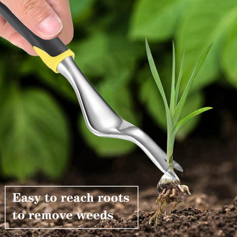 Heavy Duty Weed Puller Hand Weeder Tool With Bend Proof Leverage Base and V Shaped Forks removing weed root in soil