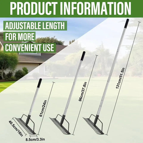Three sizes of 15 Inch Wide Bow Rake With 16 Steel Tines And Stainless Steel Handle for lawn care shown against garden backdrop.