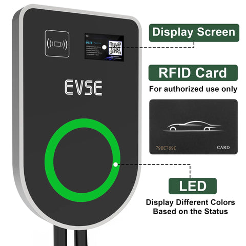 Beast Level 2 EV Charger J1772 48 Amp Hardwired Home Charging Station with display screen, RFID card, and LED indicator.