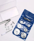 All-In-One Rotary Drill Saw Blade Kit With Six High Speed Steel Cutting Discs And Four Shanks Including Hex And Round Options Plus Screwdriver.