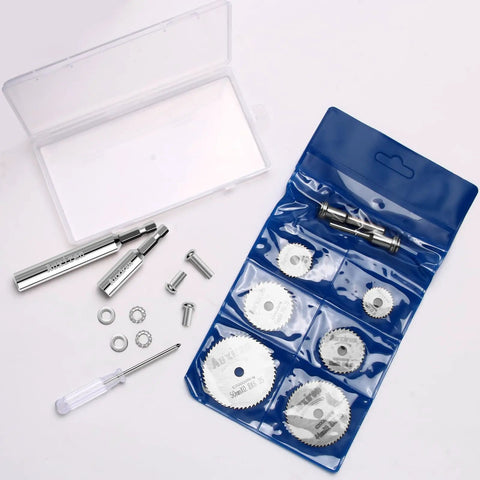 All-In-One Rotary Drill Saw Blade Kit With Six High Speed Steel Cutting Discs And Four Shanks Including Hex And Round Options Plus Screwdriver.