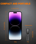 Size comparison of Rechargeable Keychain Flashlight 650 Lumens EDC Pocket Light and smartphone to show compactness.