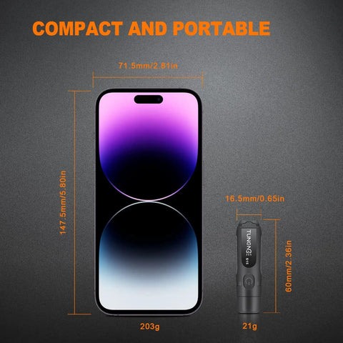 Size comparison of Rechargeable Keychain Flashlight 650 Lumens EDC Pocket Light and smartphone to show compactness.