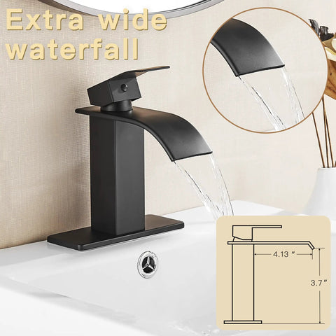 Black Waterfall Bathroom Faucet With Deck Plate 1 Hole Or 3 Hole Lavatory Sink Tap Single Handle Pop Up Drain Stainless Steel Modern Vanity Faucet Easy DIY Install showcasing wide water flow and dimensions.