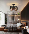 Industrial Style Ceiling Fan With Light For Living Room And Bedroom Black Enclosed Cage Ceiling Fan With Remote shown in a modern bedroom.