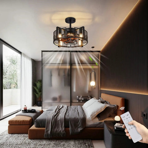 Industrial Style Ceiling Fan With Light For Living Room And Bedroom Black Enclosed Cage Ceiling Fan With Remote shown in a modern bedroom.