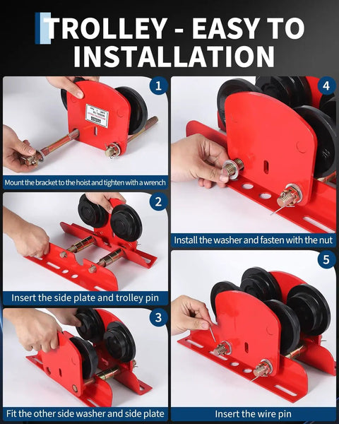 Installation steps for Heavy Duty 1 Ton Electric Hoist Trolley With Adjustable Flange Width for I-Beams using bolts and tools.