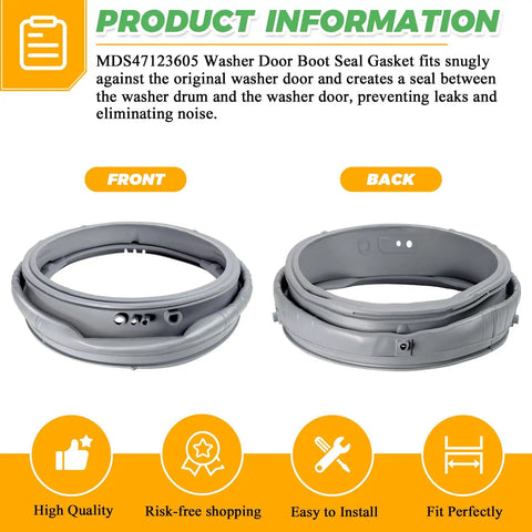 Washer Door Boot Gasket Replacement Seal For Leak Free Performance, Heavy Duty Rubber Boot Seal, OEM Style Fit For 47123605 Front Load Washers, Easy Install, Durable Replacement Part, front and back views