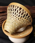 Handcrafted Bamboo Pour Over Coffee Dripper With Secure Fixed Drip Tray And Reusable Cone Filter For Smooth One To Three Cup Daily Brew Sessions Badass Vibes, showcasing woven bamboo construction.