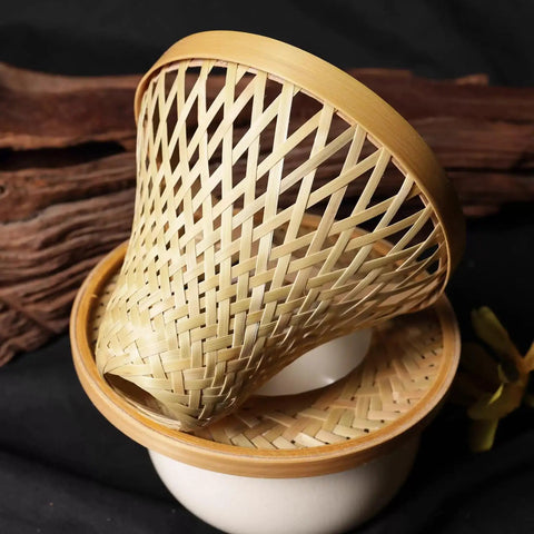 Handcrafted Bamboo Pour Over Coffee Dripper With Secure Fixed Drip Tray And Reusable Cone Filter For Smooth One To Three Cup Daily Brew Sessions Badass Vibes, showcasing woven bamboo construction.