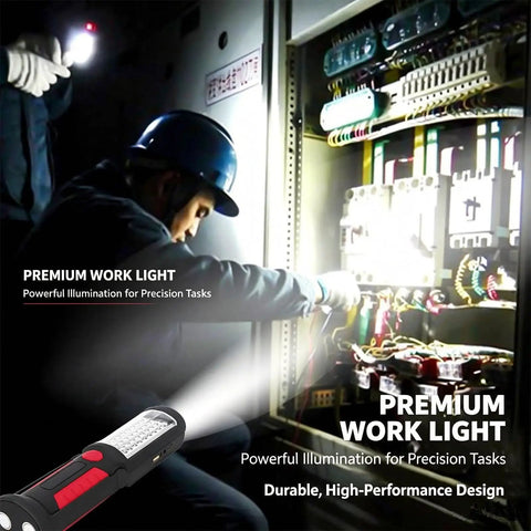 Man using Go To Rechargeable LED Work Light With Magnetic Base And Hanging Hook Portable Waterproof All Purpose Flashlight For Car Repair Home Blackouts And Emergencies Red at a control panel