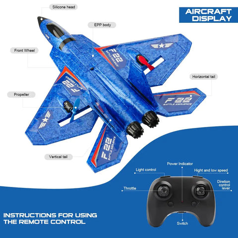 F22 Fighter RC Plane Ready To Fly With Gyro Stabilization For Beginners Kids Remote Control Airplane layout with remote control.