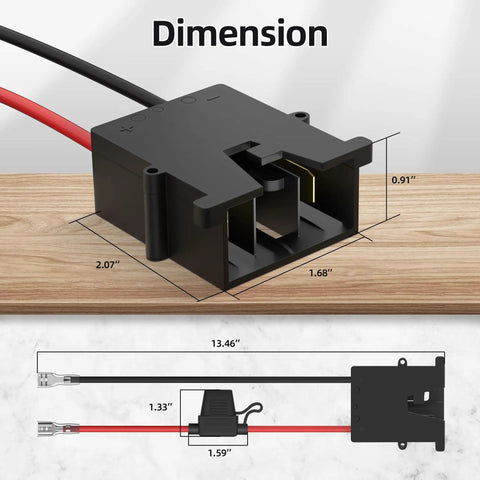 Replacement Wire Harness Connector For 12V Power Wheels Battery dimensions illustration with 12 AWG wire