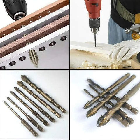 Rock Solid Four Flute Sawtooth Eccentric Drill Bit Kit With Titanium Coating For Stone, Glass, And Metal Super Durability And High Speed Drilling That Will Blow Your Mind, assorted sizes on white