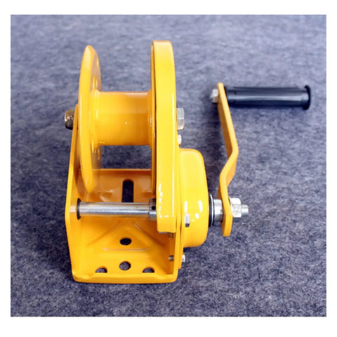 Heavy Duty Electric Hoist 2600 LB Manual Winch Hand Crank Self-Cranking Lifter with yellow steel body and handle for garage use.