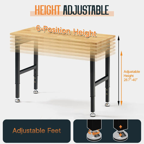 Adjustable Heavy Duty Workbench With Four AC Outlets And Two USB Ports, 2000 Lbs Capacity, Rubber Wood Top, height adjustable