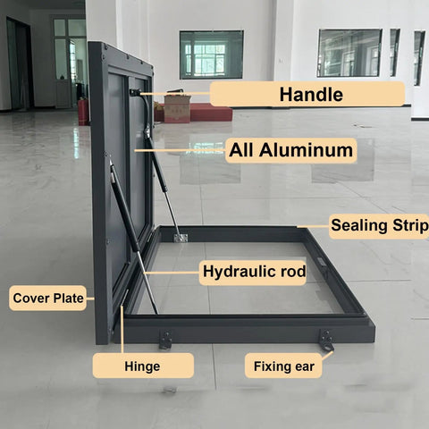 Heavy Duty Aluminum Roof Access Hatch Door With Maintenance Hatch And Security Barrier For Emergency Access In Factory Warehouse Or Home Attic Skylight Cover Rainproof Anti Theft Blackout 95x95cm, open view