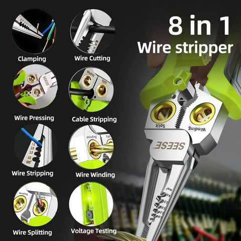 8-In-1 Wire Stripper And Crimping Pliers With Voltage Tester And Dual Alarms, Needle Nose Electrical Pliers For Cutting, Pulling, And Crimping Wires, A Handy Electrician Tool For DIY Pros. shown with wire stripping and voltage testing functions