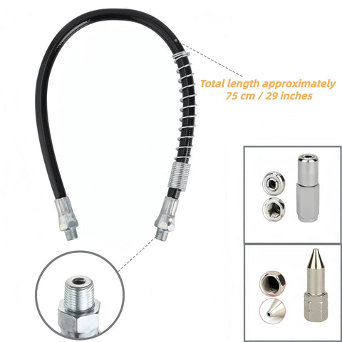 29 Inch Flexible Grease Gun Hose Kit With Spring Shield One Eighth Inch NPT Ends, full view with nozzles and couplers
