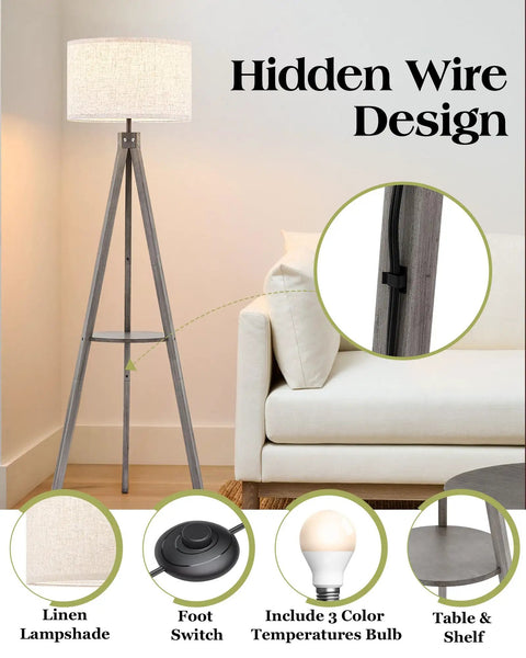 Solid Wood Tripod Floor Lamp With Built In Table And Corner Shelf Mid Century Modern Reading Lamp With Drum Shade Tall Brown Floor Lamp For Living Room Bedroom Or Office LED Bulb Included