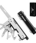EDC 12 In 1 Multitool for Outdoors and Adventure Built Tough for Everyday Carry with tools extended and closed, next to box