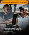 Magnetic Golf GPS Speaker With 20W Woofer And 10W Tweeter attached to golf cart, screen showing distance, two men in background