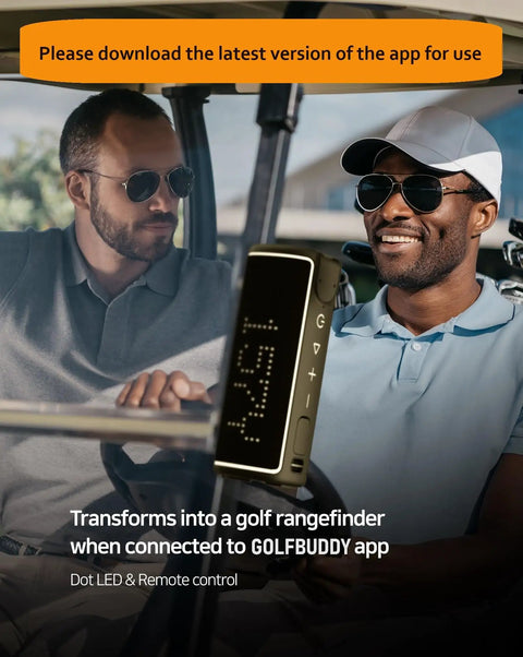 Magnetic Golf GPS Speaker With 20W Woofer And 10W Tweeter attached to golf cart, screen showing distance, two men in background