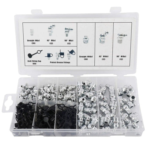 Grease Fittings Kit, 240-Piece SAE And Metric Zerk Fittings Set With 1/4 And 1/8 NPT, M6 And M8 in storage case with caps