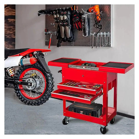Rolling Garage Toolbox With Directional Wheels Two Drawer Chest Tray Top Work Surface And Storage Push Cart For Shop Or Home Garage Perfect Gift For DIYers And Handy Pros in red next to motorcycle in garage