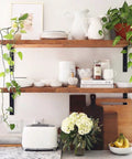 Top Notch Legit Heavy Duty L Shaped Floating Shelf Brackets Rock Solid Right Angle Wall Mount Corner Support With Hardware Set Of 4 Easy Build Matte Black Steel in kitchen with plates and plants.
