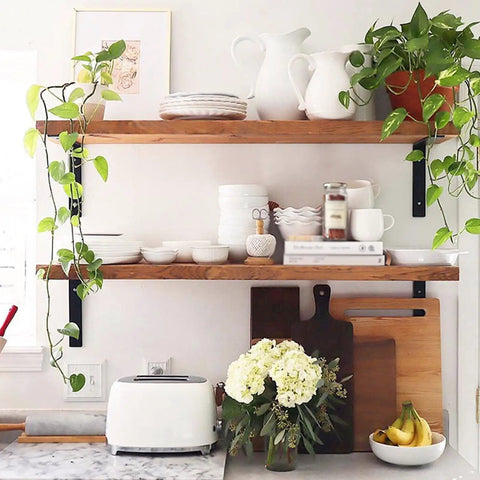 Top Notch Legit Heavy Duty L Shaped Floating Shelf Brackets Rock Solid Right Angle Wall Mount Corner Support With Hardware Set Of 4 Easy Build Matte Black Steel in kitchen with plates and plants.