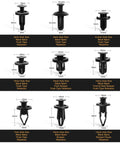 Diagram of 10 types of retainer clips from 190 Piece Car Retainer Clips And Fastener Remover Kit With 18 Common Sizes For Toyota Honda Nissan Mazda