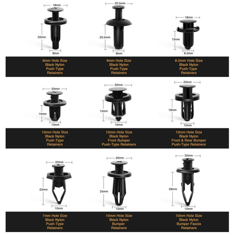 Diagram of 10 types of retainer clips from 190 Piece Car Retainer Clips And Fastener Remover Kit With 18 Common Sizes For Toyota Honda Nissan Mazda