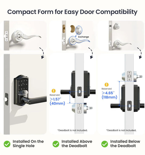 Compact form design for easy installation of Smart Lever Deadbolt with compatibility for single hole and deadbolt setups.